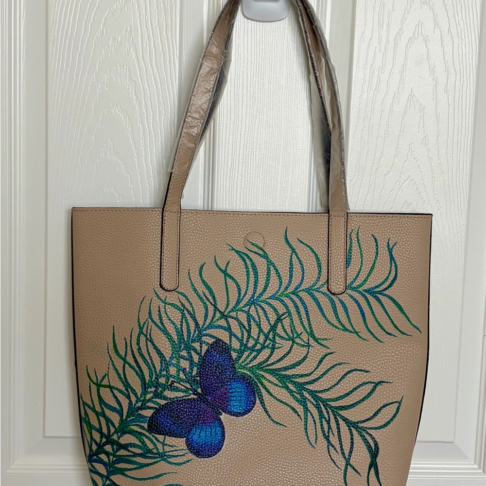 Elegant Tan Tote Bag with Blue Butterfly Hand painted Design New